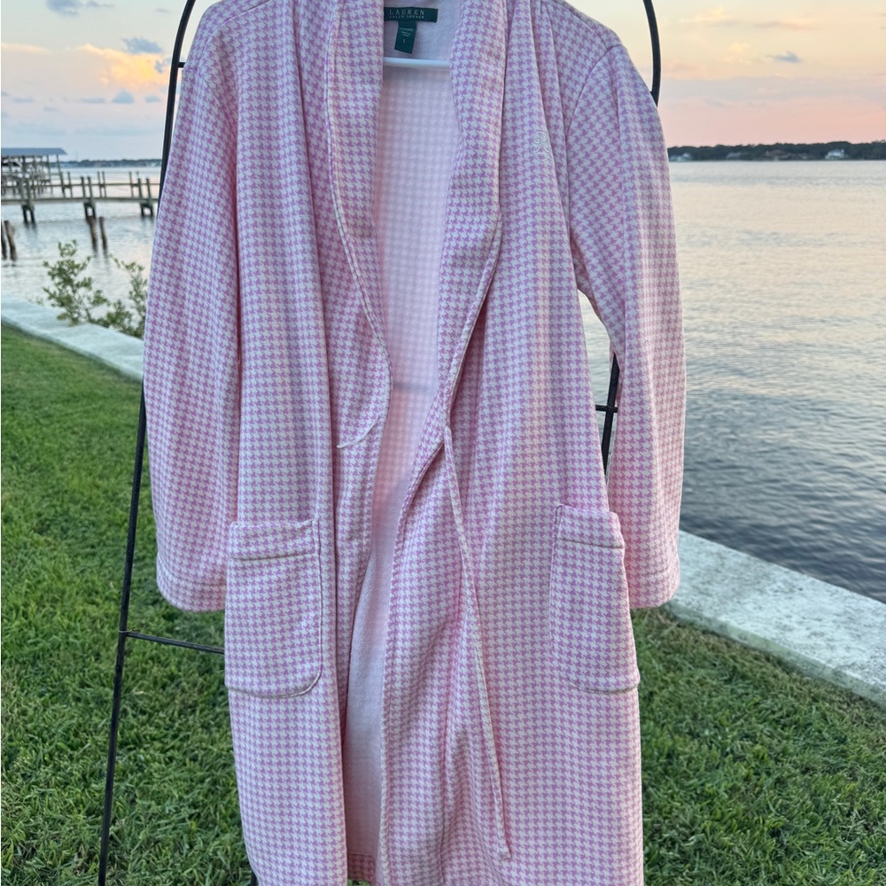 Lauren Ralph Lauren Pink Houndstooth Robe Cozy Loungewear Size L‎